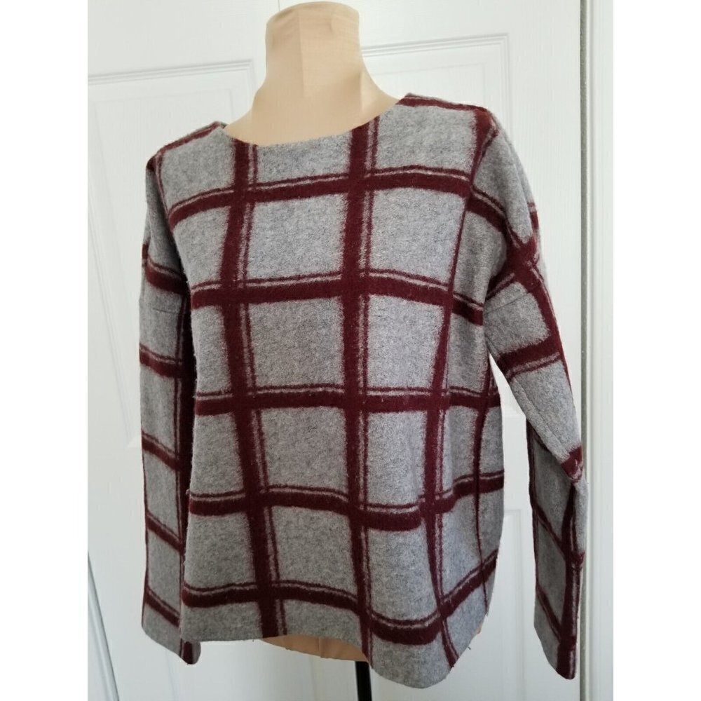 Madewell  Windowpane Wool Blend Fleece Boxy Crop Sweater Top Gray Burgundy Sz XS